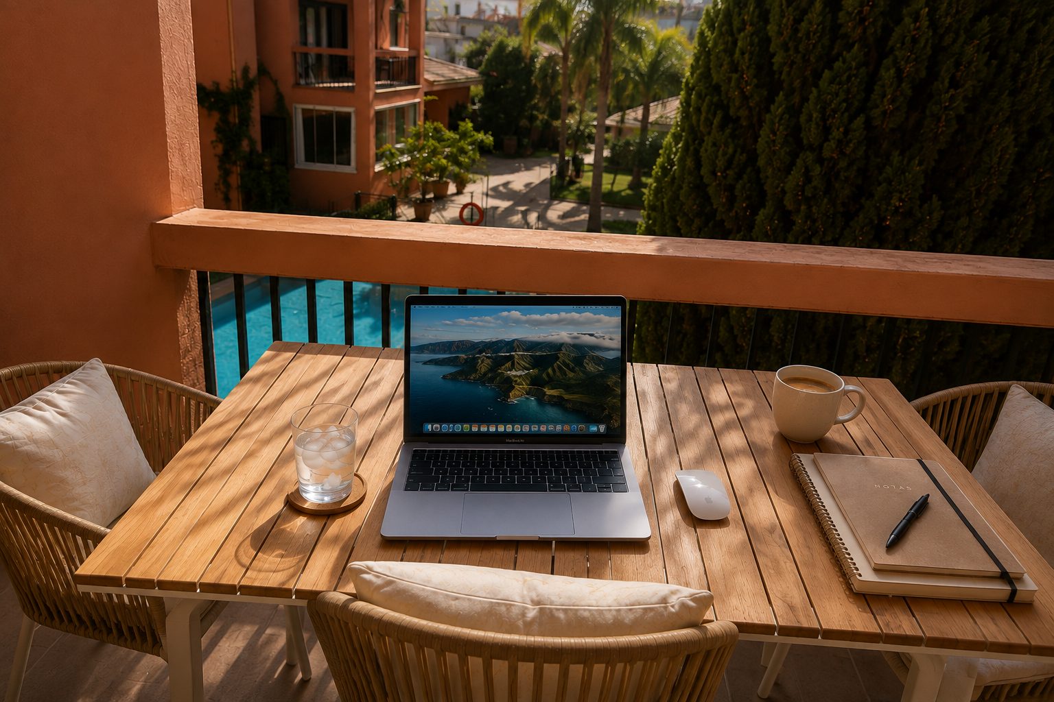 Laptop set up on the terrace table overlooking the pool